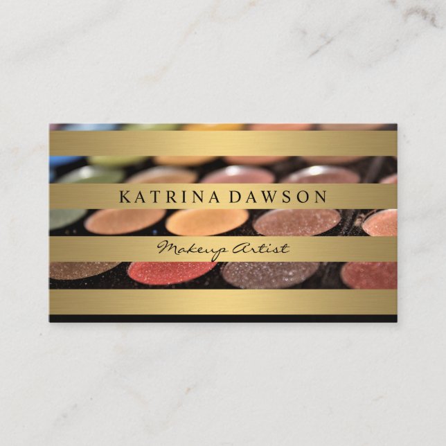 Chic Metallic Gold Stripes Makeup Palette Business Card (Front)