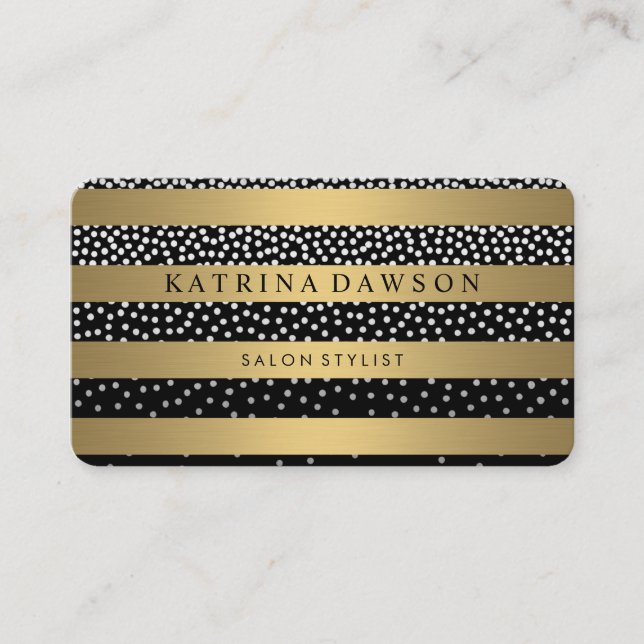 Chic Metallic Gold Stripes White Dots Business Card (Front)