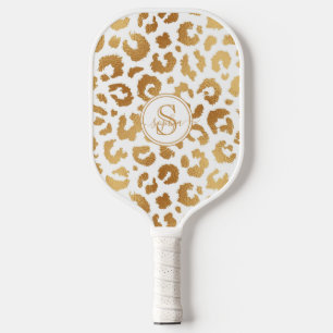 Chic Metallic Gold & White Leopard Print Girls Pickleball Paddle