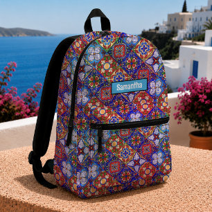 Chic Mexican Talavera Blue Purple Monogram Tiles Printed Backpack