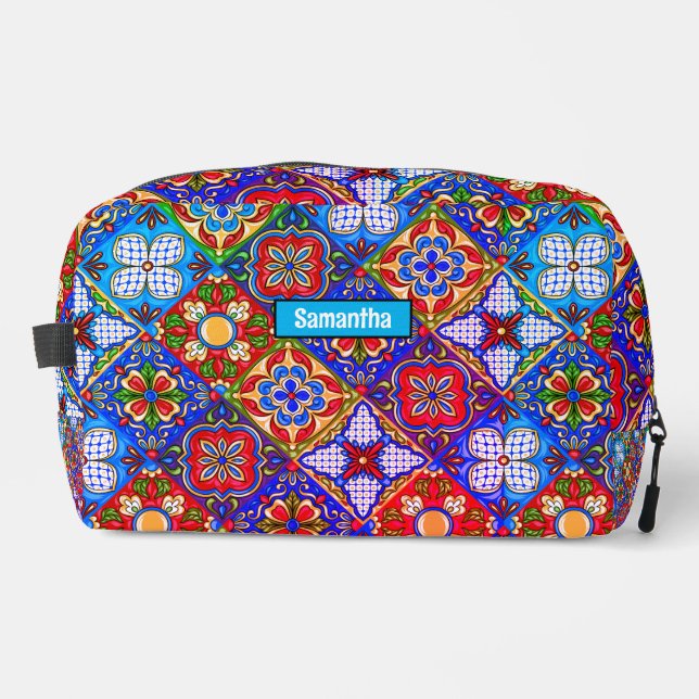 Chic Mexican talavera blue purple tiles monogram  Dopp Kit (Front)