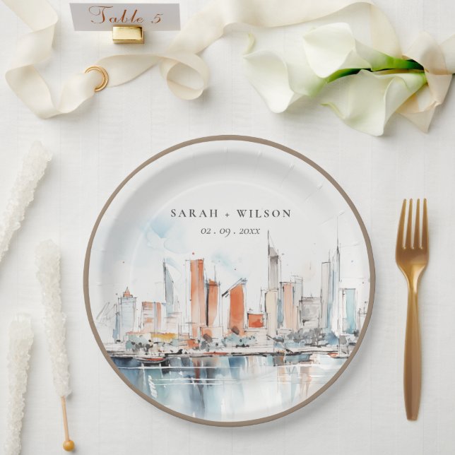 Chic Miami Florida Skyline Watercolor Wedding Paper Plate (Wedding)