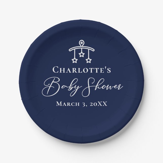 Chic Midnight Blue Baby Shower Personalized Party Paper Plate (Front)