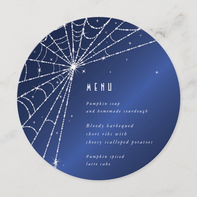 Chic Midnight Blue Diamond Spider Web Square/Round Menu (Front)