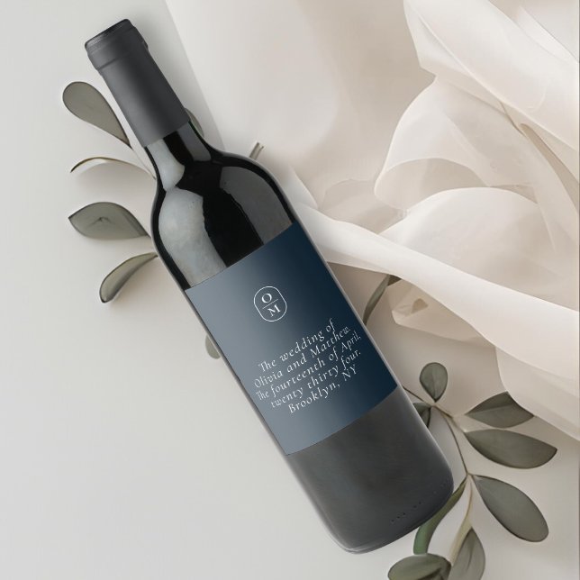 Chic Midnight Blue Monogram Wedding Wine Label (Creator Uploaded)