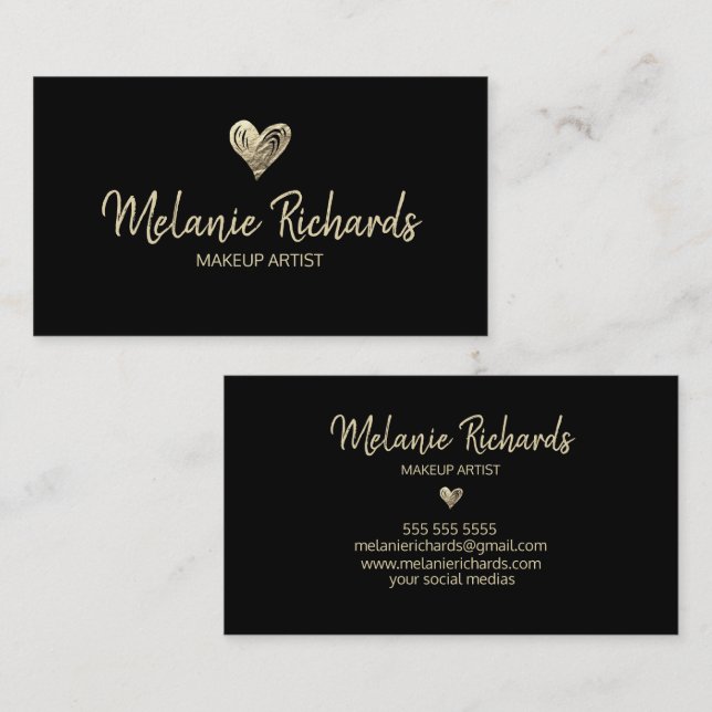 Chic minimal black faux gold foil heart business card (Front/Back)