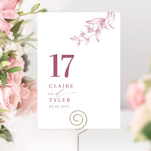 Chic Minimal Botanical Burgundy, Pink Wedding Table Number