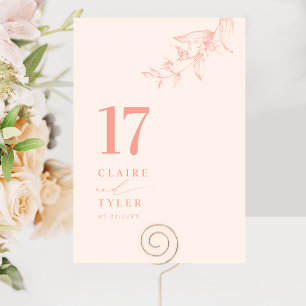 Chic, Minimal Botanical Peach Wedding  Table Number