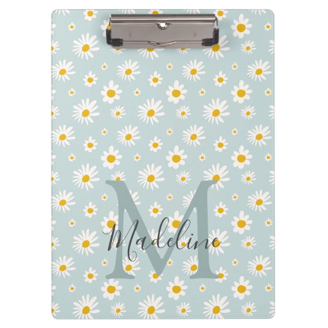 Chic Minimal Daisy Teal Script Monogram Clipboard (Front)