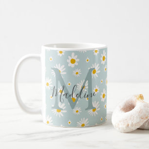 Chic Minimal Daisy Teal Script Monogram Coffee Mug