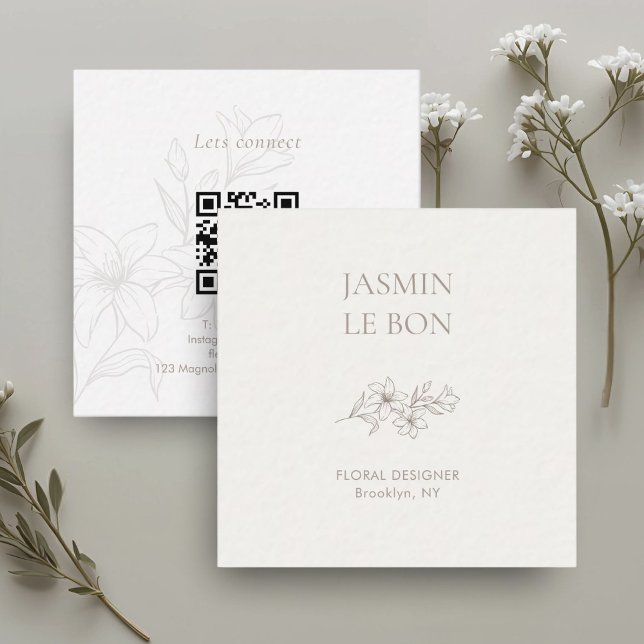 Chic Minimal Floral Square QR Business  Square Business Card (Creator Uploaded)