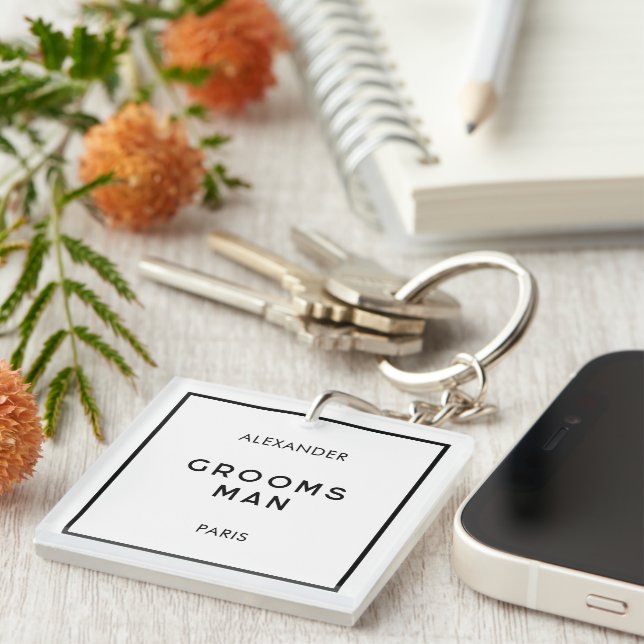 Chic Minimal French Black & White Groomsman Name Keychain (Front Right)