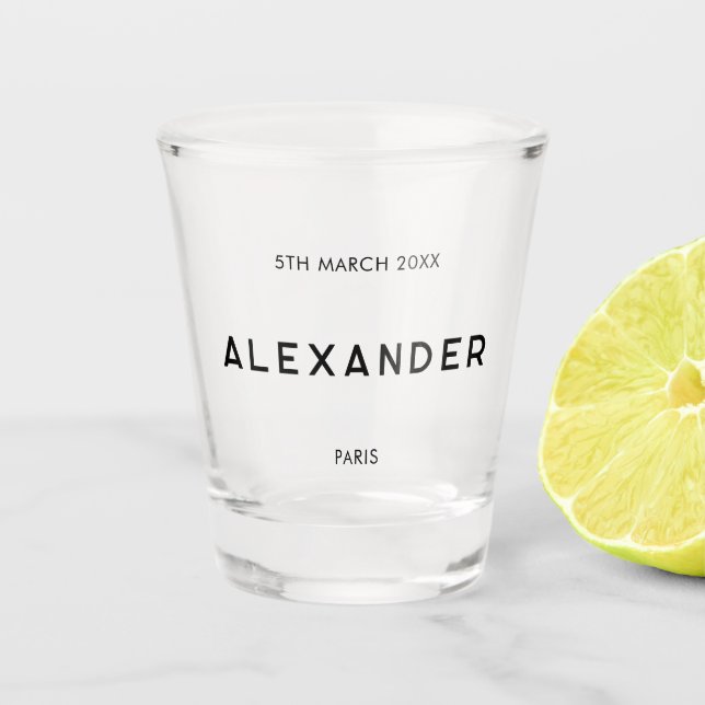 Chic Minimal French Black & White Groomsman Name Shot Glass (Front)