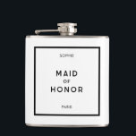 Chic Minimal French Black & White Maid Of Honour Hip Flask<br><div class="desc">Chic and minimal French,  Parisian inspired,  monochrome black and white personalized maid of honour hip flask. Customise with your maid of honour's name and your wedding destination in a chic minimal sans serif font. Designed to match our Chic Minimal French Black & White Wedding Collection.</div>