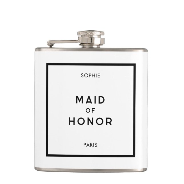 Chic Minimal French Black & White Maid Of Honour Hip Flask (Front)