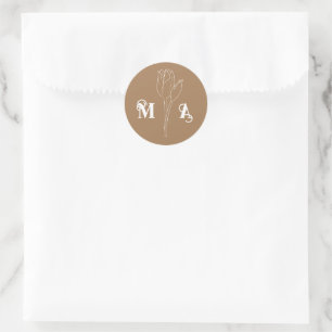 Chic Minimal Light Brown Floral Initials Classic Round Sticker