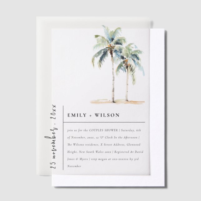 Chic Minimal Palm Trees Tropical Couples Shower Vellum Invitations (Offset)
