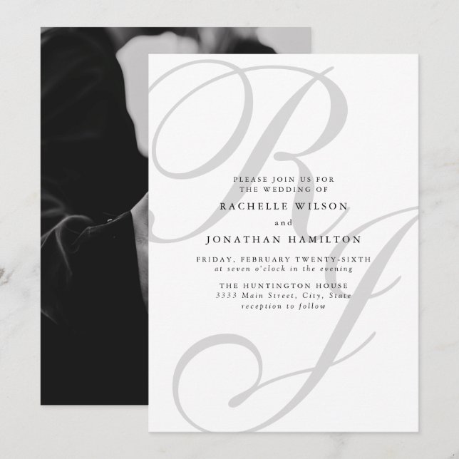 Chic Minimal Photo Black White Monogram Wedding  Invitation (Front/Back)