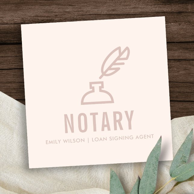 CHIC MINIMAL PINK BLUSH FEATHER NIB INKPOT NOTARY SQUARE BUSINESS CARD (Creator Uploaded)