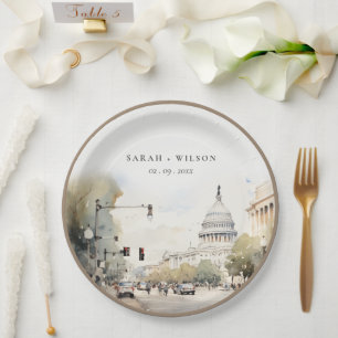 Chic Minimal Washington DC, USA Watercolor Wedding Paper Plate