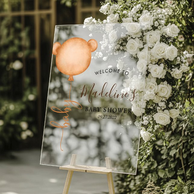 Chic Minimalist Bear Balloon Baby Shower Acrylic Sign (Creator Uploaded)