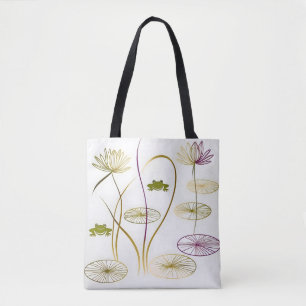 Chic minimalist calligraphy frogs and lily pads tote bag