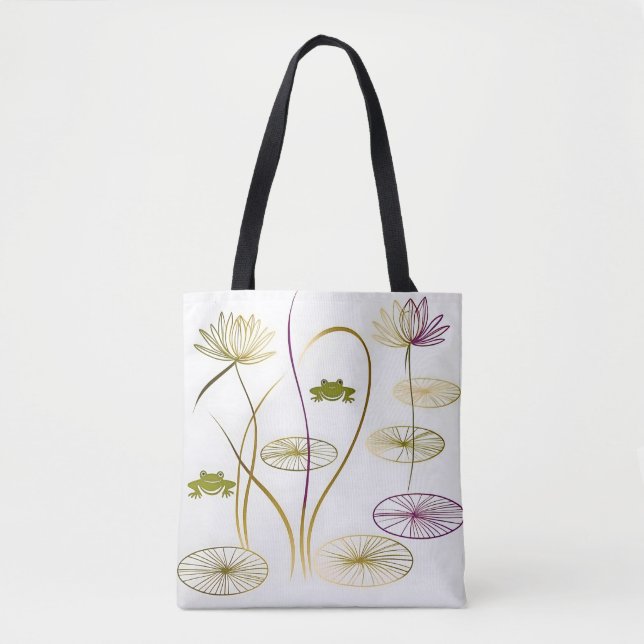 Chic minimalist calligraphy frogs and  lily pads tote bag (Front)