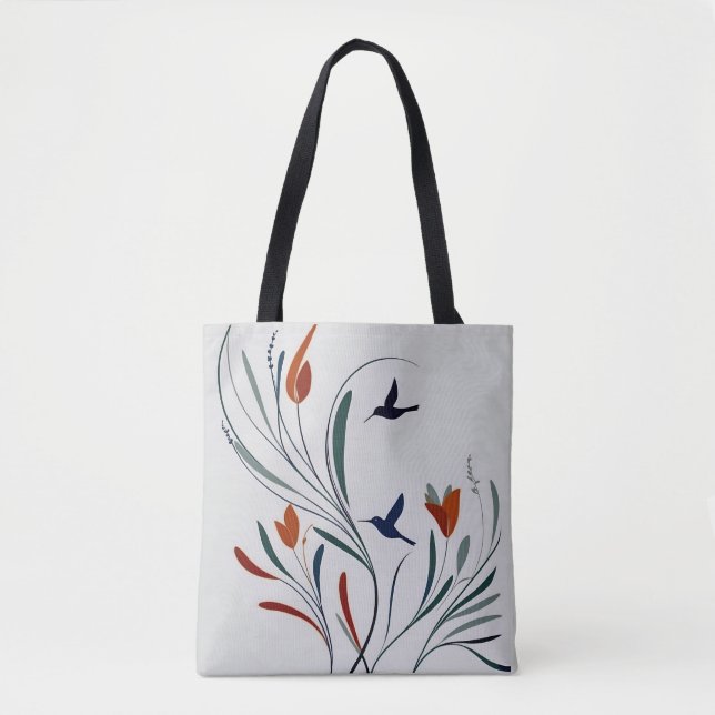 Chic minimalist calligraphy hummingbirds flowers tote bag (Front)
