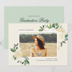 Chic Minimalist Floral Photo Graduation Party Invitation