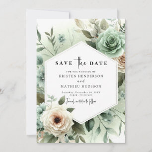 Chic Minimalist Flowers Sage Green Wedding  Save The Date
