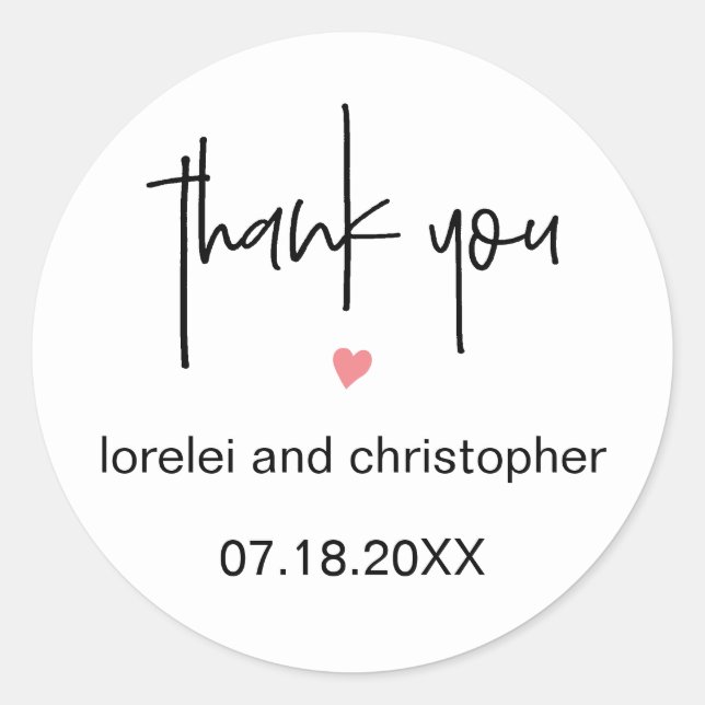 Chic Minimalist Font Thank You & Heart Wedding Classic Round Sticker (Front)