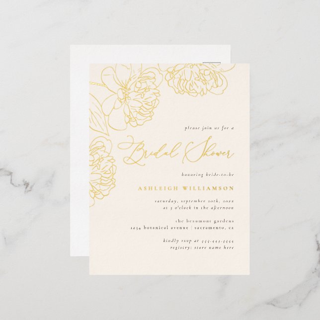 Chic Minimalist Hand-drawn Peonies Bridal Shower Foil Invitation Postcard (Front/Back)