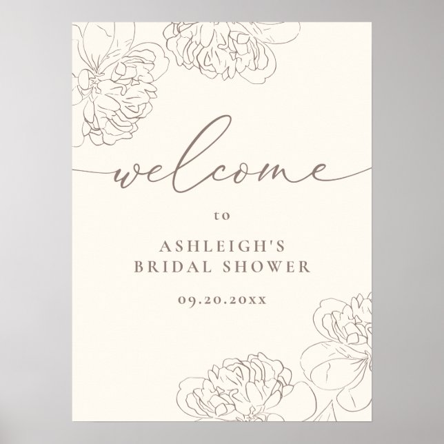 Chic Minimalist Hand-drawn Peonies Bridal Welcome Poster (Front)