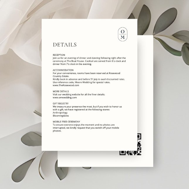 Chic Minimalist Monogram Wedding Details Enclosure Card (Creator Uploaded)