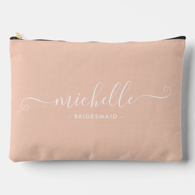 Chic Minimalist Peach Pink Personalized Bridesmaid Accessory Pouch (Front)