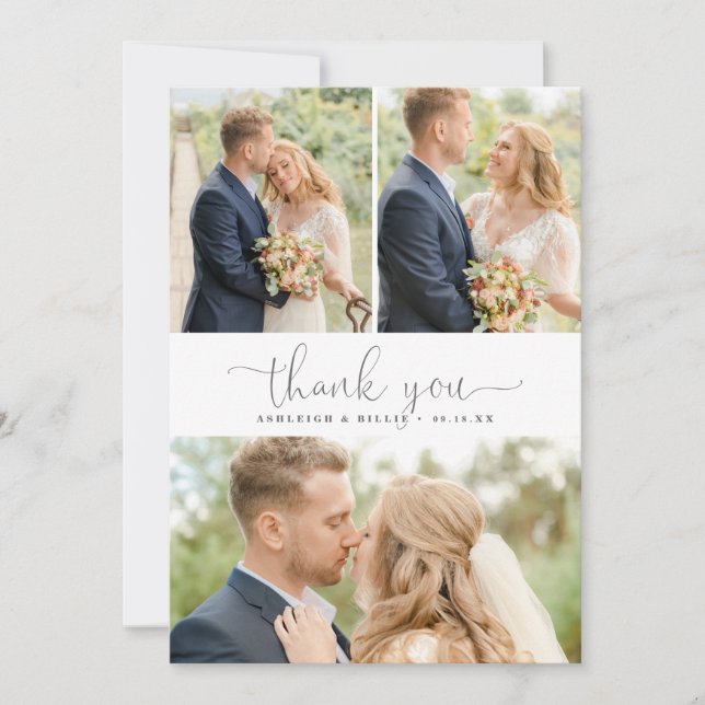 Chic Minimalist Script 3 Photo Collage Thank You Card (Front)