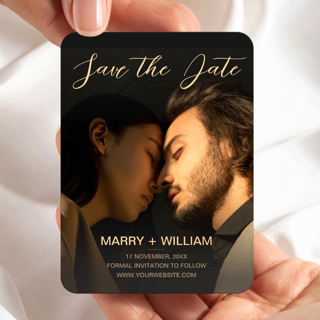 Chic minimalist script photo save the date magnet (Save The Date Wedding Photo Elegant Fall Modern Magnet, Photo Wedding Magnets)