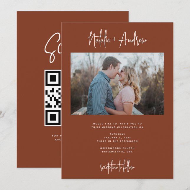 Chic Minimalist Script Terracotta Wedding QR Code Invitation (Front/Back)