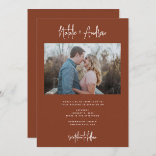 Chic Minimalist Script Terracotta Wedding QR Code Invitation