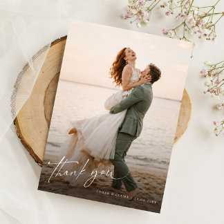 Chic Minimalist Simple Script Wedding Photo Thank You Card