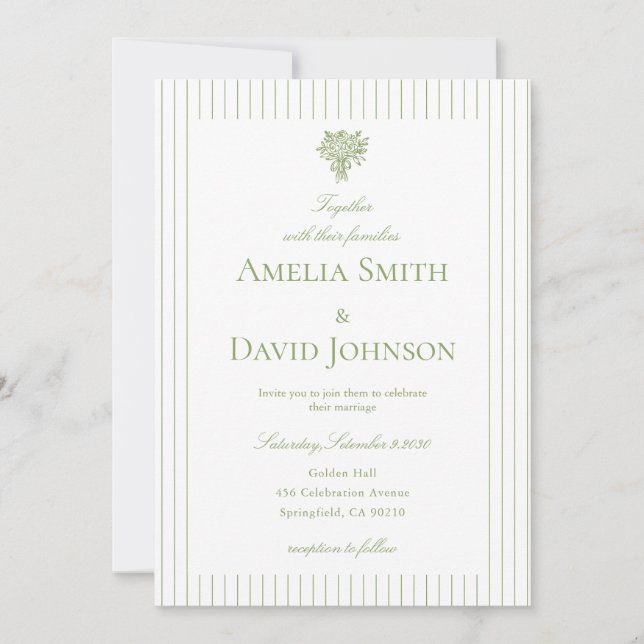Chic Minimalist Stripe Green Wedding Invitation  (Front)