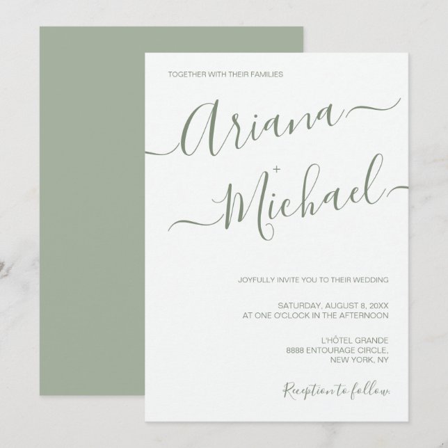 Chic Minimalist Typography Sage green Wedding  Invitation (Front/Back)