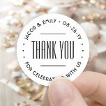 Chic Minimalist Typography Thank You Black & White Classic Round Sticker<br><div class="desc">Add an elegant touch to wedding thank you cards and reception party favours with round customized stickers / envelope seals. All wording on this template is simple to personalize for a bridal shower, anniversary, vow renewal or other occasion. The text in a circle can be changed to a name and...</div>