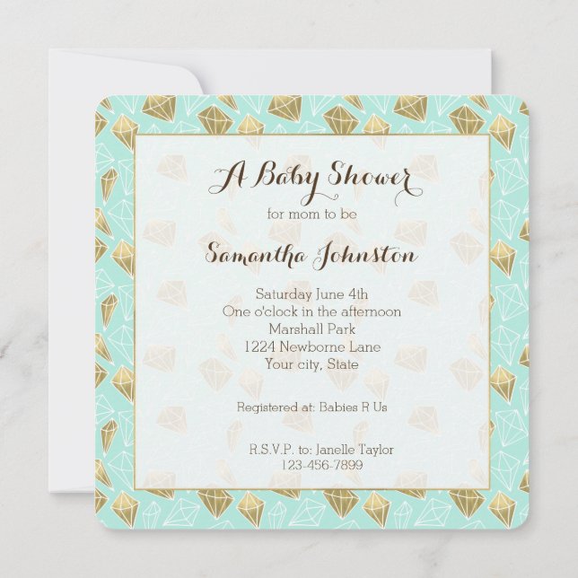 Chic Mint and Gold Diamonds Baby Shower Invitation (Back)