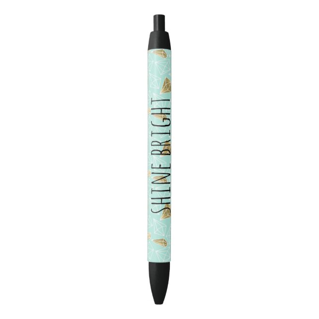 Chic Mint and Gold Diamonds Shine Bright Black Ink Pen (Front Vertical)