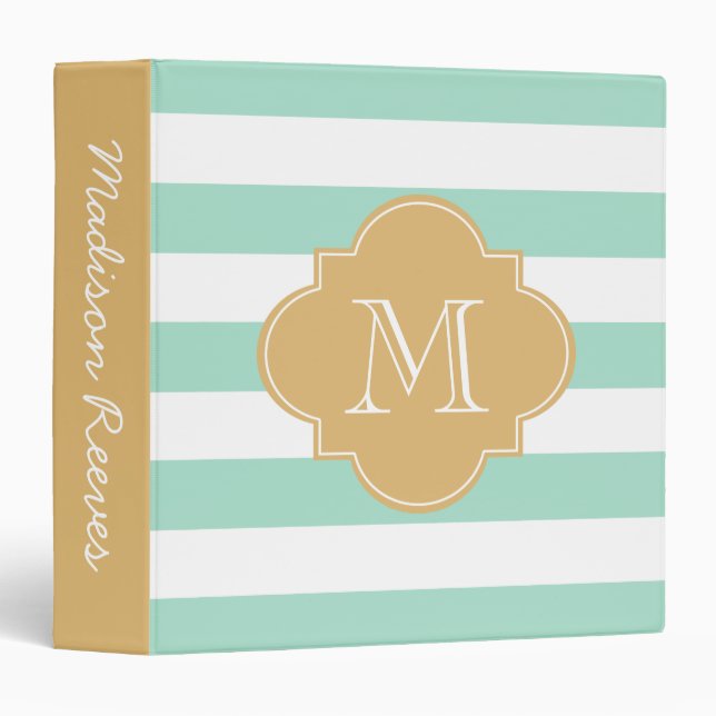 Chic Mint and Gold Striped Custom Monogram Binder (Front/Spine)