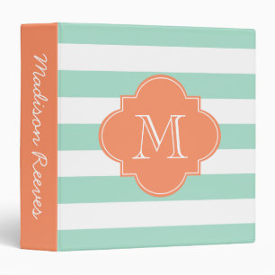 Chic Mint and Orange Striped Custom Monogram Binder