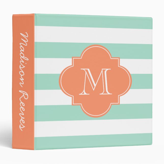 Chic Mint and Orange Striped Custom Monogram Binder (Front/Spine)