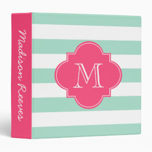 Chic Mint and Pink Striped Custom Monogram Binder
