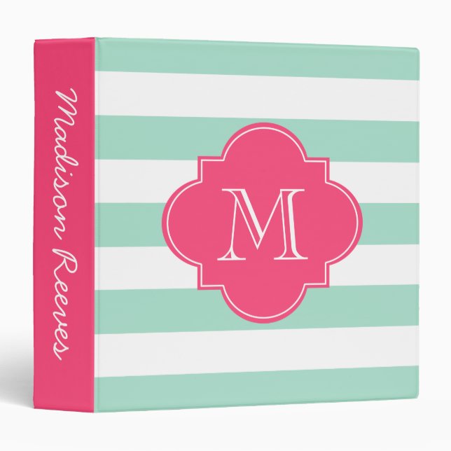 Chic Mint and Pink Striped Custom Monogram Binder (Front/Spine)